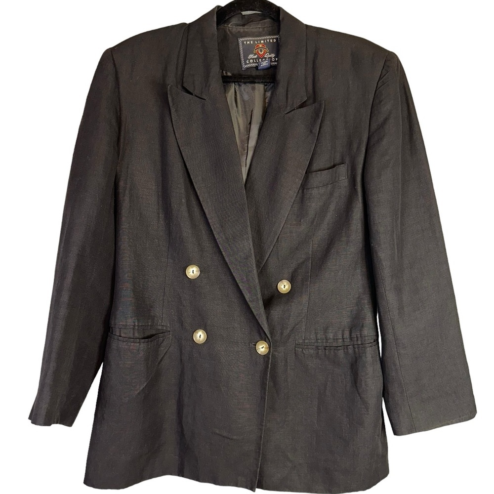 Vintage Limited Linen Blend Black Women's Medium Double Breasted Blazer